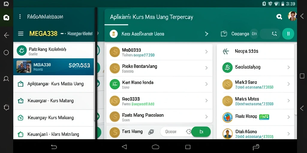 Tampilan antarmuka aplikasi MEGA338 yang menampilkan kurs mata uang.