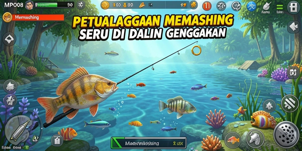 Tampilan antarmuka game MPO08 saat memancing dengan angler profesional.