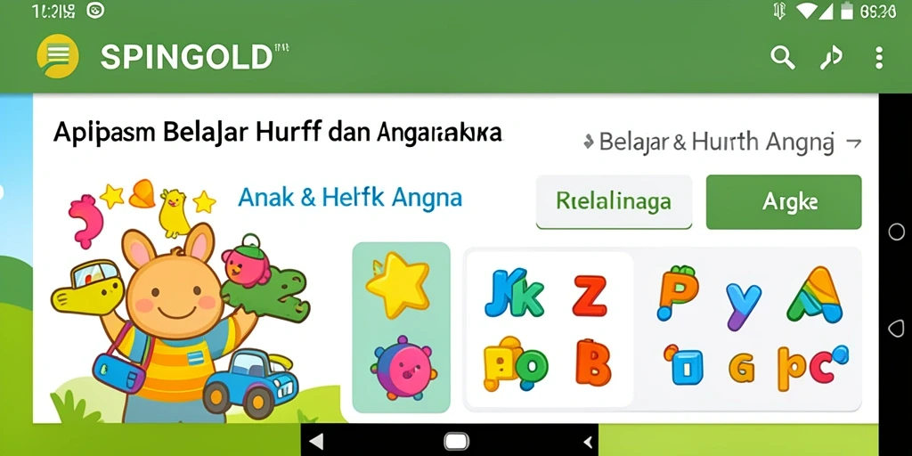 Antarmuka aplikasi SPINGOLD untuk belajar huruf dan angka yang interaktif.